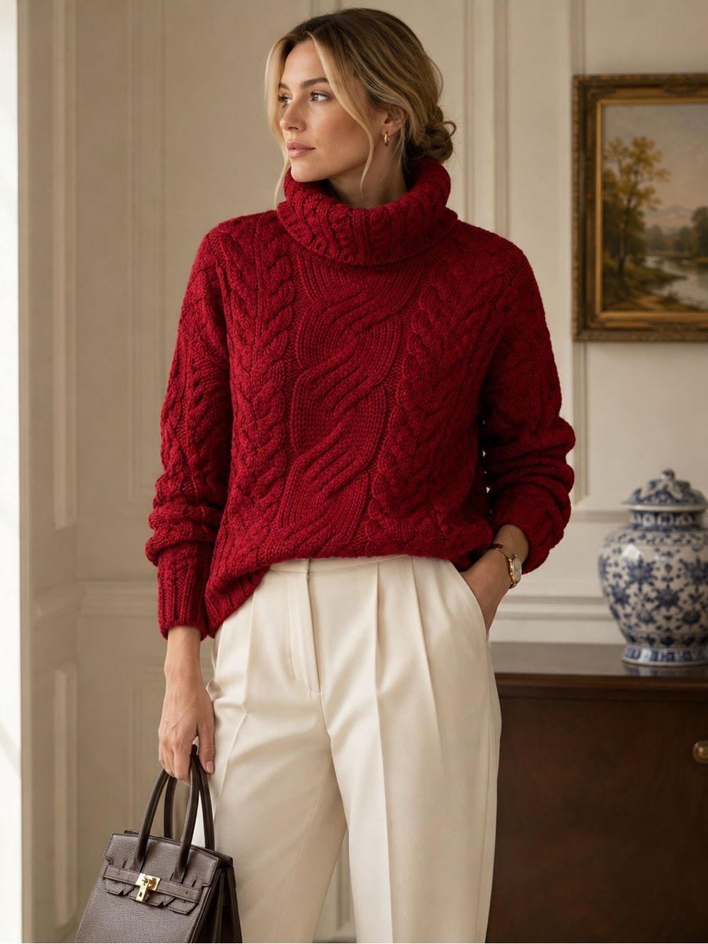 Carraig Donn NWT 100% Merino Wool Cable Knit Turtleneck Sweater Red M